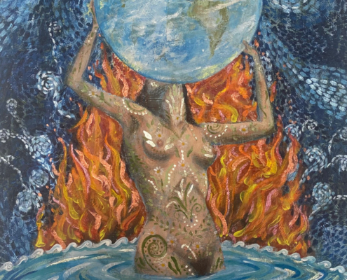 Sagrado Femenino sosteniendo a Gaia 50x70 acrílico sobre tela