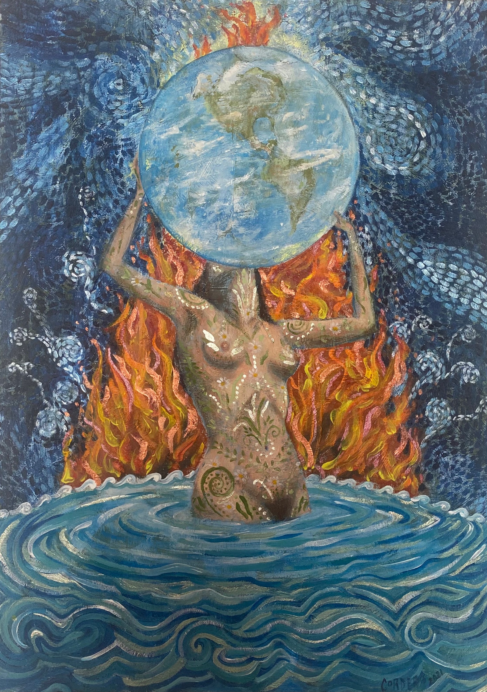 Sagrado Femenino sosteniendo a Gaia 50x70 acrílico sobre tela
